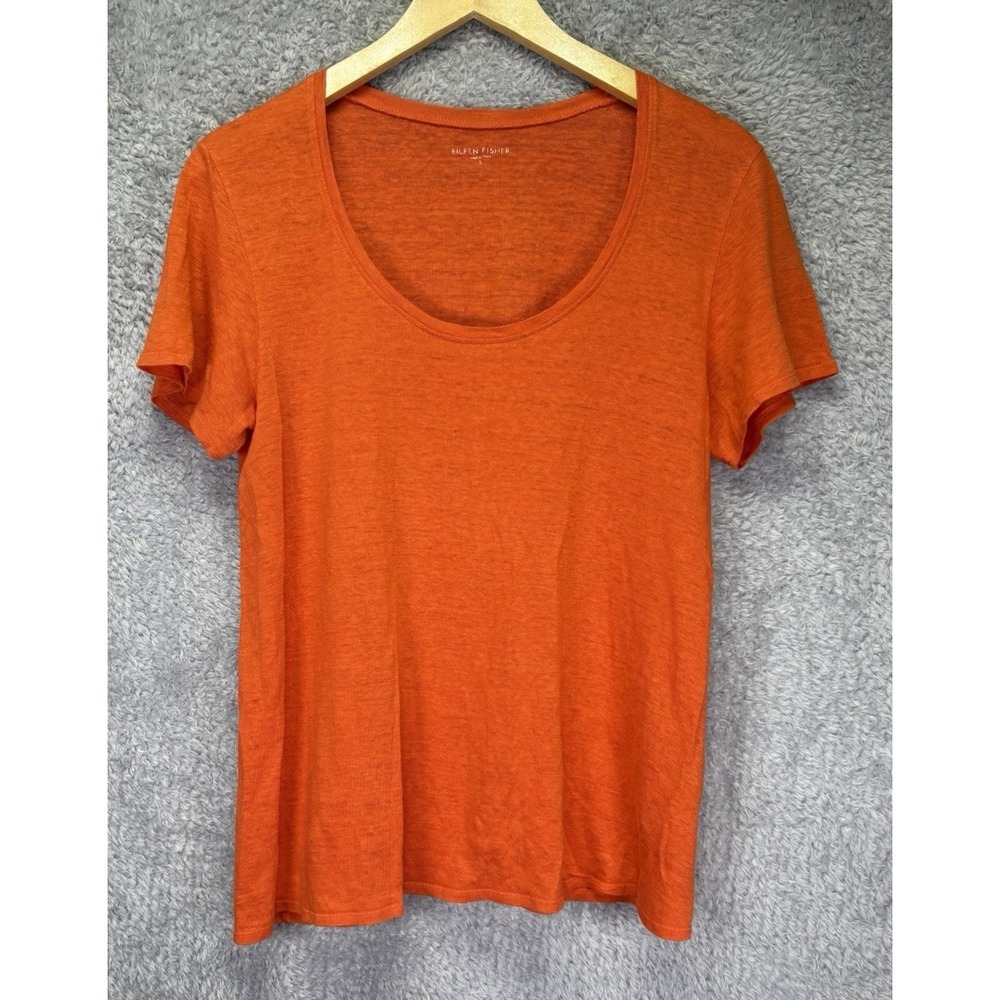 EILEEN FISHER 100% Linen Short Sleeve Tee T-Shirt Orange Scoop Neck Minimalist S